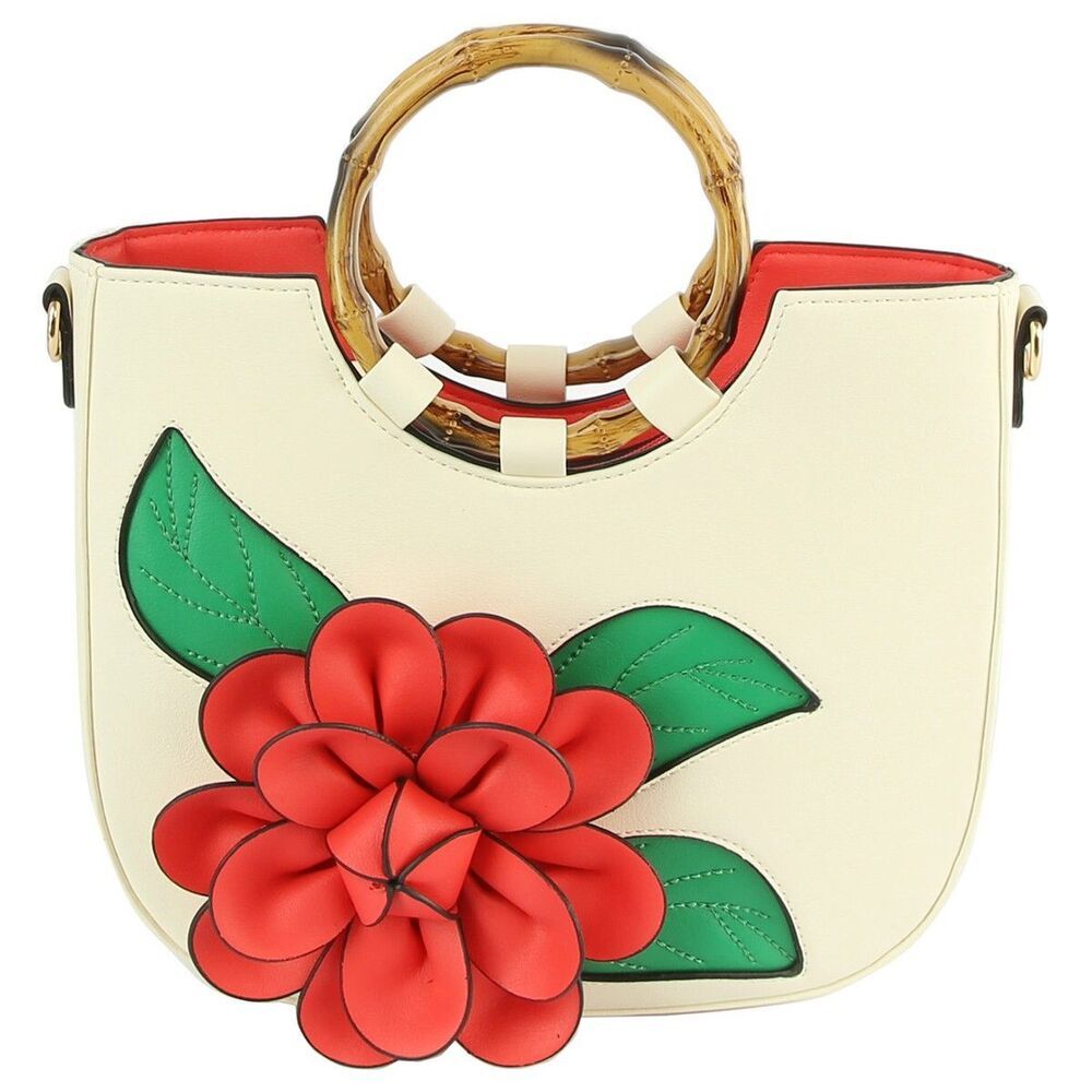 Women's Red Flower Bamboo Round Handle Handbag Satchel Large Tote